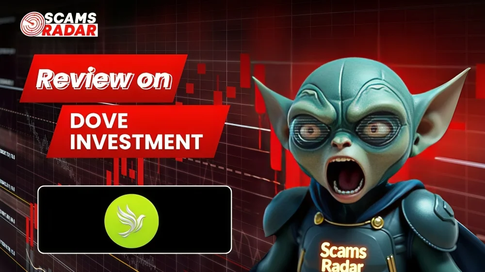 A review graphic for Dove Investment Gold Mine featuring a 3D character, financial charts, and cryptocurrency icons for a forensic investment analysis.