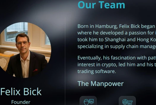 Felix Bick, the Founder of Polar Tensor, wearing glasses and a dark suit jacket, featured in the Our Team section with a brief professional bio on a dark background.