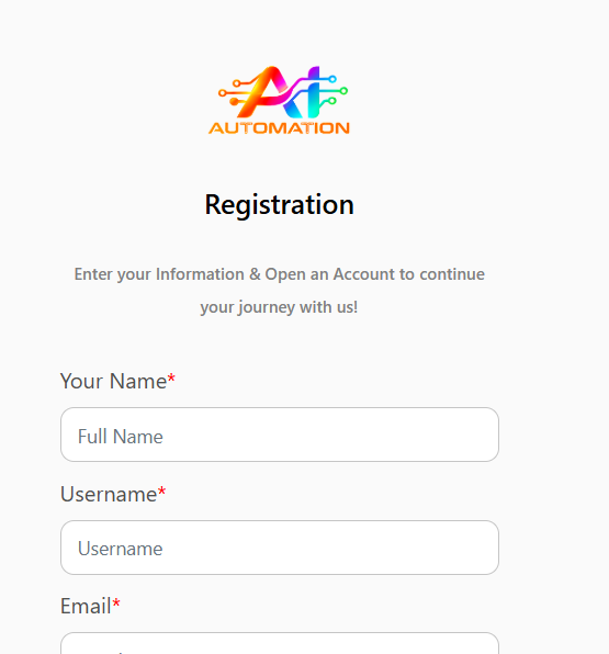 FNF AI Automation sign-up and registration form interface showing user profile data entry fields for Name, Username, and Email under the company brand logo.