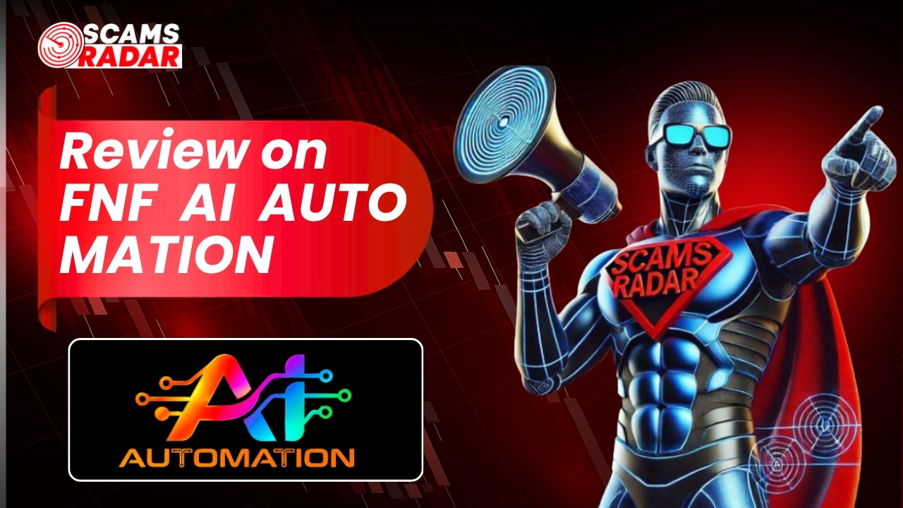 FNF AI Automation review thumbnail by Scams Radar featuring a futuristic superhero mascot holding a megaphone against a red stock chart background.