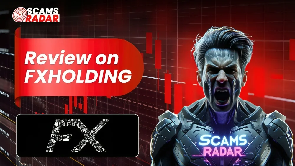 An analytical review banner for FXHOLDING featuring the Scams Radar logo, a red stock market chart, and a dramatic digital character representing financial risk assessment.