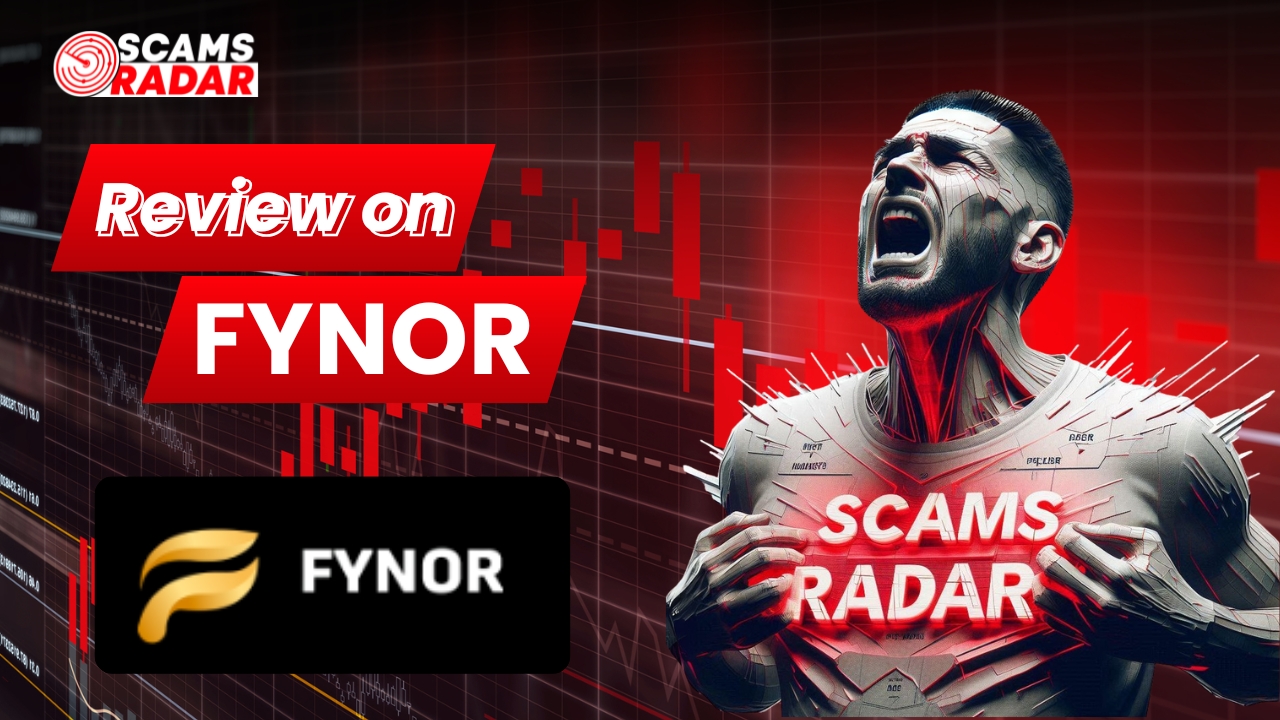 Scams Radar YouTube thumbnail for FYNOR review featuring a dramatic red trading candlestick chart background, an aggressive 3D character design, the FYNOR official logo, and bold text reading 'Review on FYNOR'.