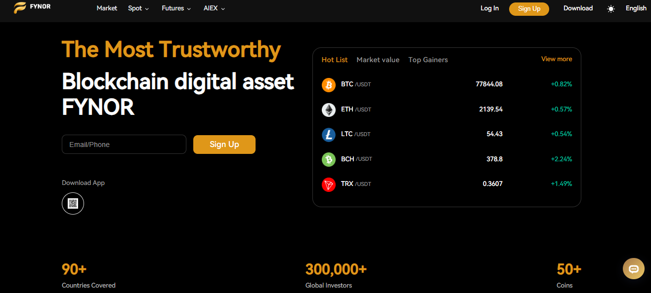 FYNOR cryptocurrency trading platform homepage dashboard showing market pairs including BTC, ETH, LTC, BCH, and TRX against USDT on a dark minimalist interface.