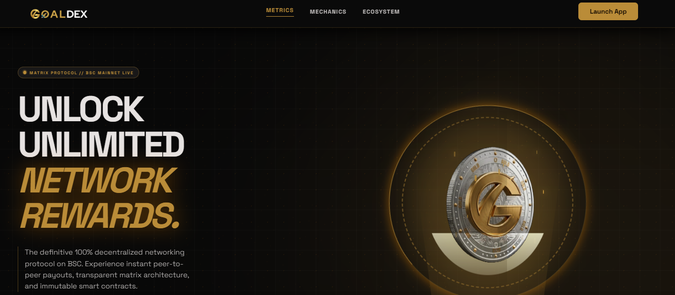 Goaldex platform interface showing Matrix Protocol on BSC Mainnet with 100% decentralized networking rewards and smart contracts.