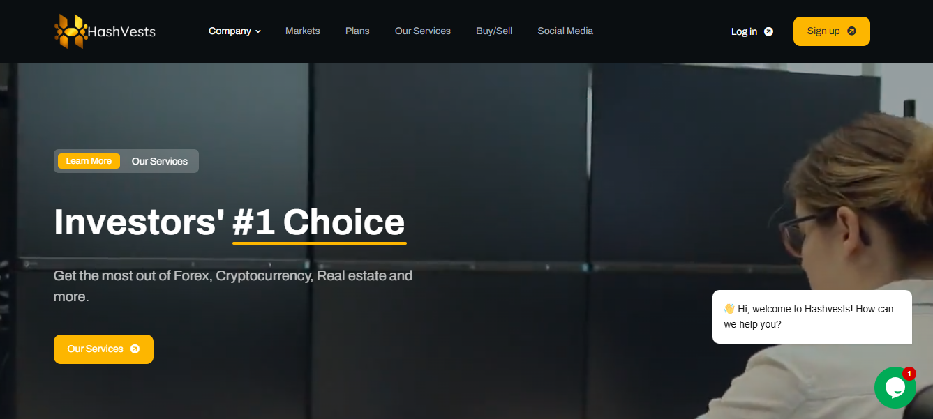 Hashvests Review homepage showing investment services for forex, cryptocurrency, and real estate investors.