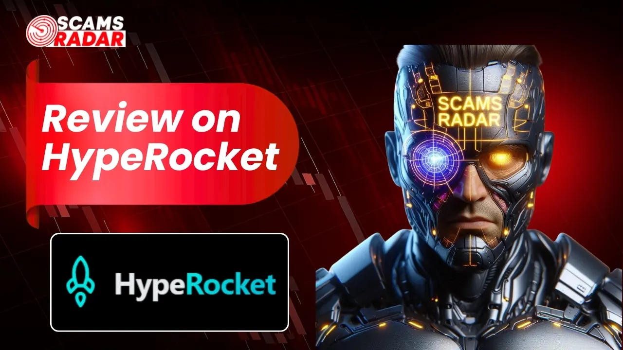HypeRocket Review thumbnail with Scams Radar branding and futuristic cyber character
