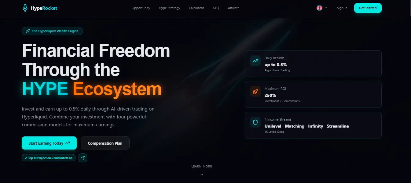 HypeRocket Review website homepage showing financial freedom through the HYPE ecosystem