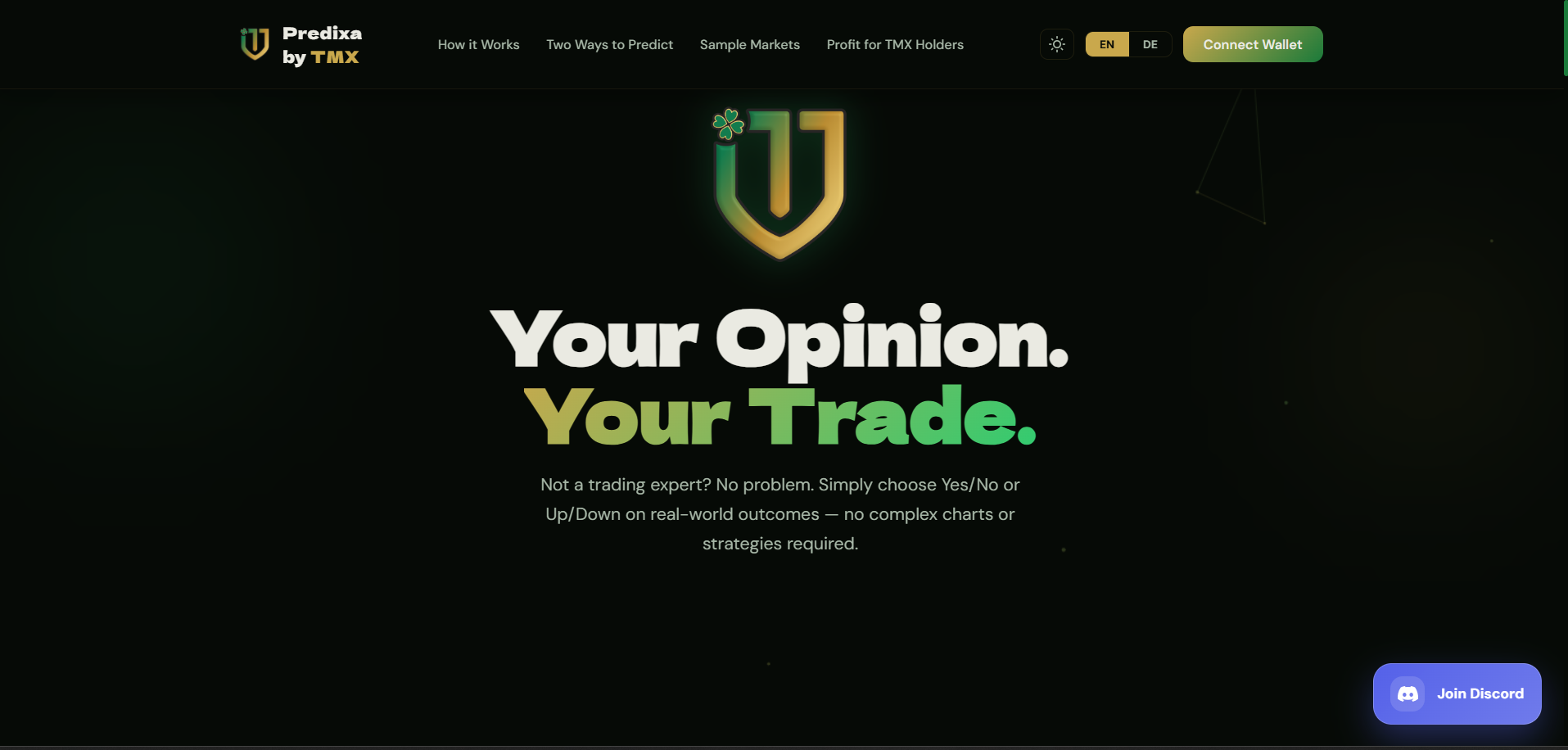 Homepage screenshot of Predixa by TMX platform featuring the headline 'Your Opinion. Your Trade.' with a green and gold shield logo on a dark background.
