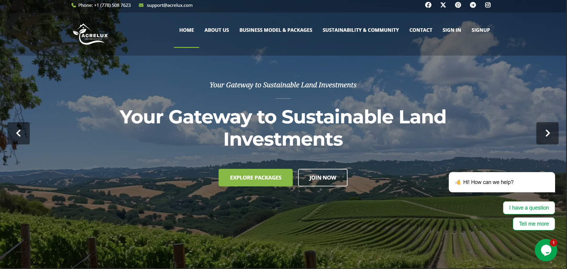 Homepage screenshot of Acrelux sustainable land investments platform, showing the main headline 'Your Gateway to Sustainable Land Investments' over a panoramic landscape view of rolling green hills and vineyards.