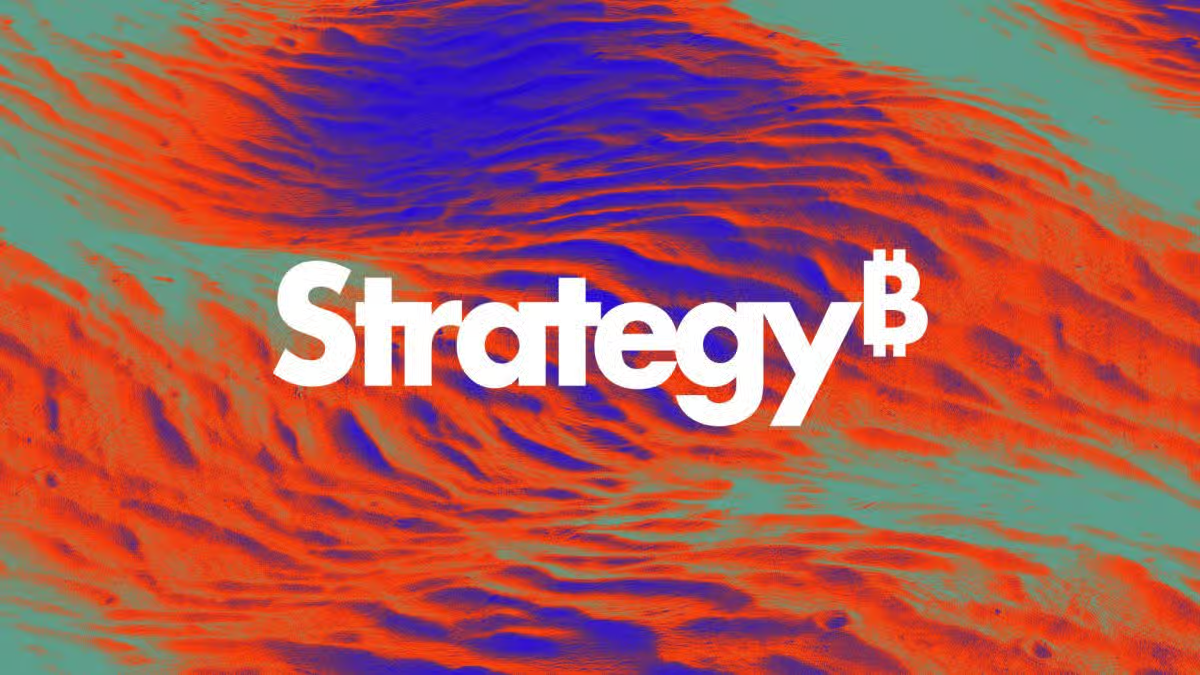 Abstract red and blue waves background with the text 'Strategy' and a white Bitcoin symbol, representing MicroStrategy's aggressive cryptocurrency acquisition and MSTR treasury updates.
