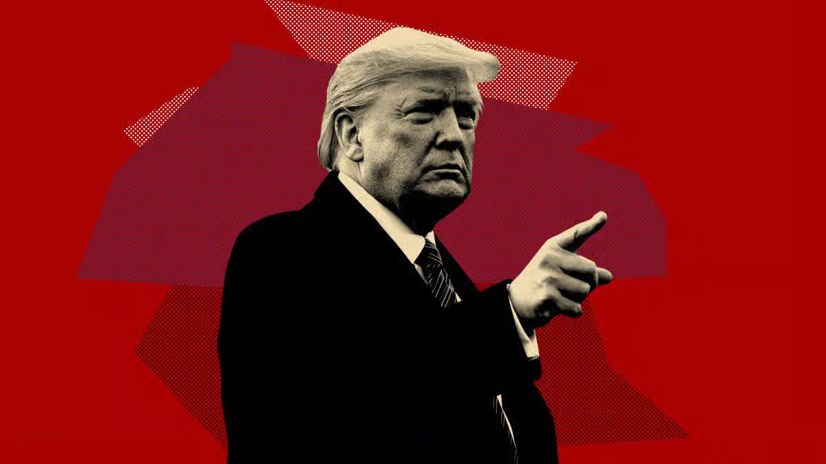 Donald Trump pointing finger in a dark suit against a stylized red abstract graphic background