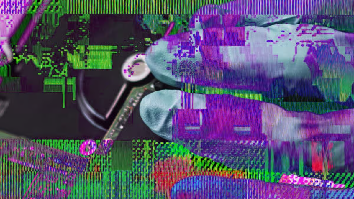 Abstract cyber security data glitch with purple and green digital distortion lines on a tech interface.
