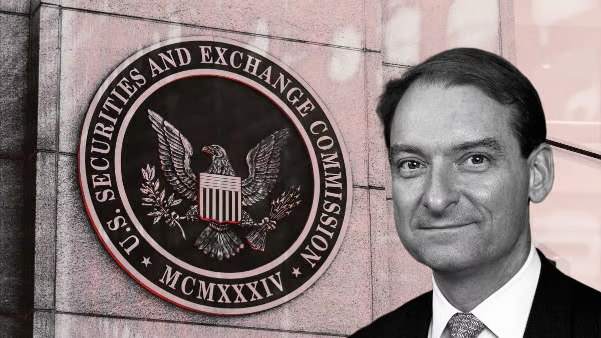 Black and white portrait of SEC Commissioner Mark Uyeda alongside the official U.S. Securities and Exchange Commission seal on a marble wall.