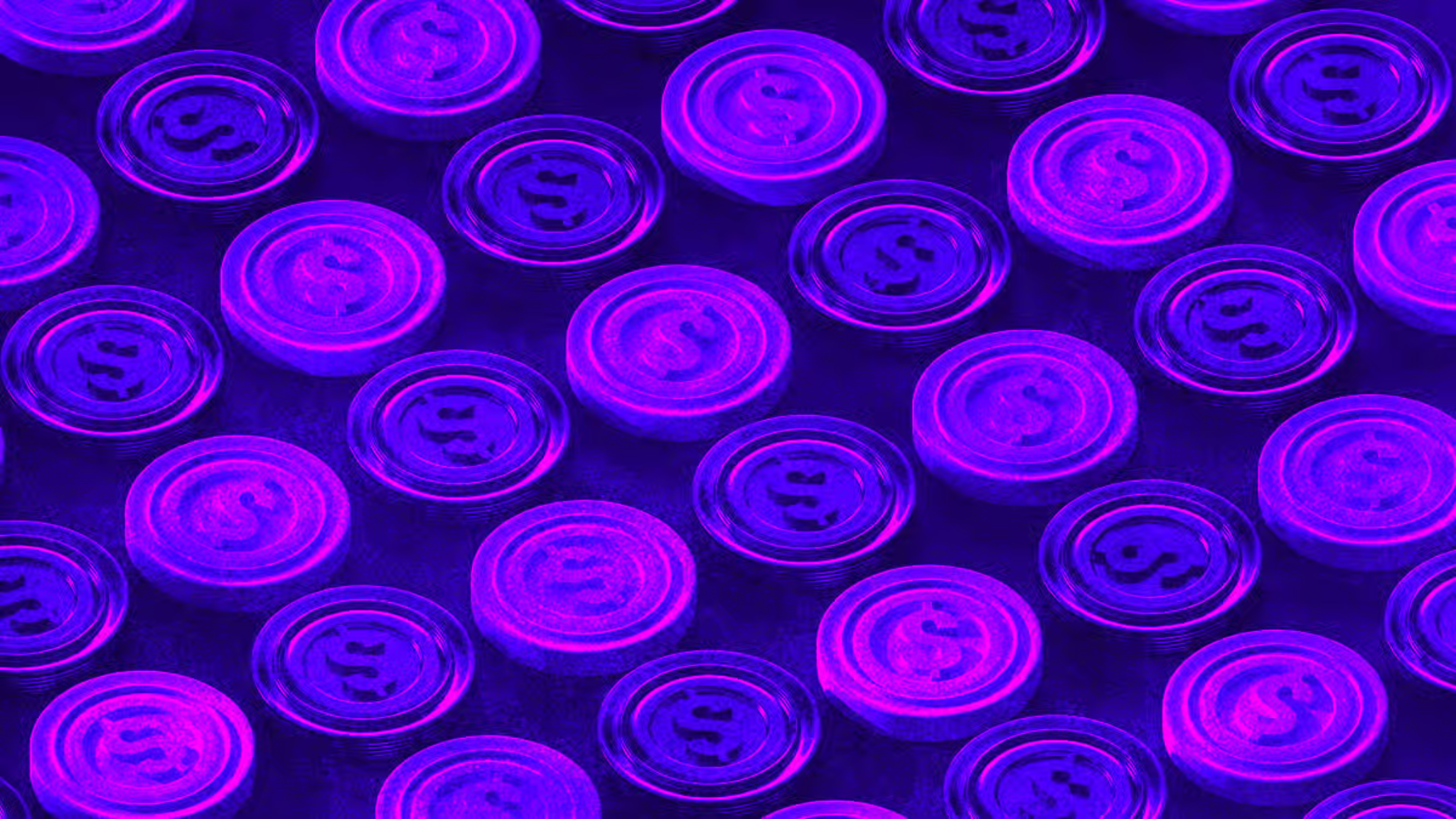 Purple neon glowing cryptocurrency coins arranged in a repeating pattern on a dark digital background representing blockchain and digital currency concept.
