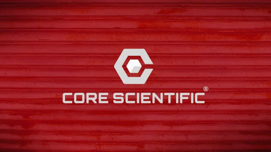 Professional Core Scientific logo highlighting advanced blockchain infrastructure solutions with secure data technology, set against a red industrial background.