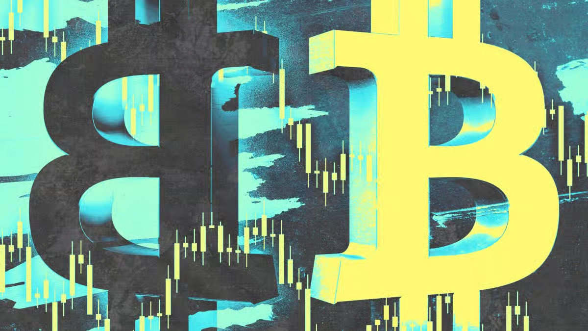 3D Bitcoin symbol with glowing yellow aesthetics overlaid on a financial candlestick trading chart representing crypto market volatility and price analysis.
