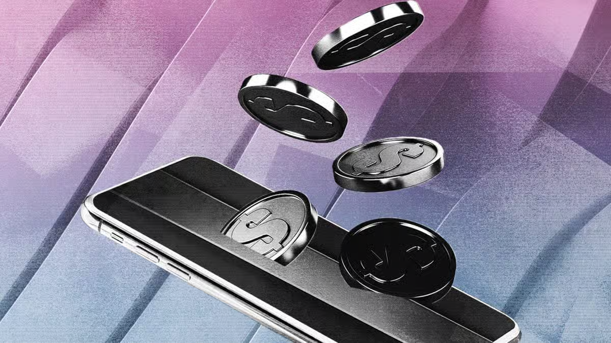 3D illustration of stablecoin coins floating above a smartphone representing crypto mobile payments and digital finance