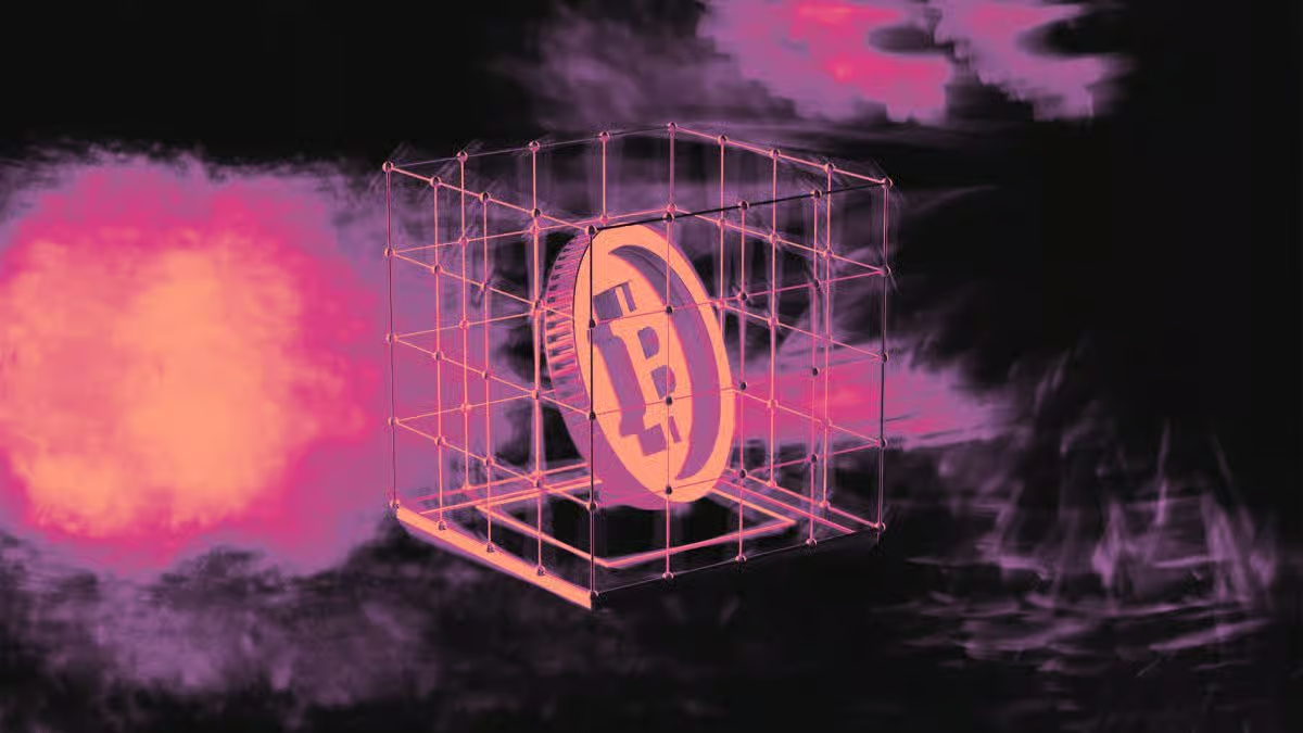 Bitcoin cryptocurrency coin inside blockchain security cube with dark abstract background
