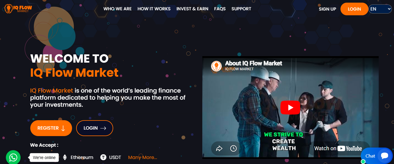 Alt Text: IQ Flow Market homepage interface showing investment options, "Welcome to IQ Flow Market" text, and supported cryptocurrencies like Ethereum and USDT.