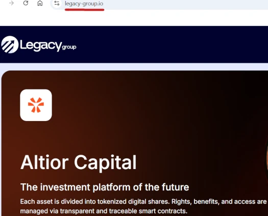 Altior Capital website interface by Legacy Group showing tokenized digital shares and smart contract management on legacy-group.io.