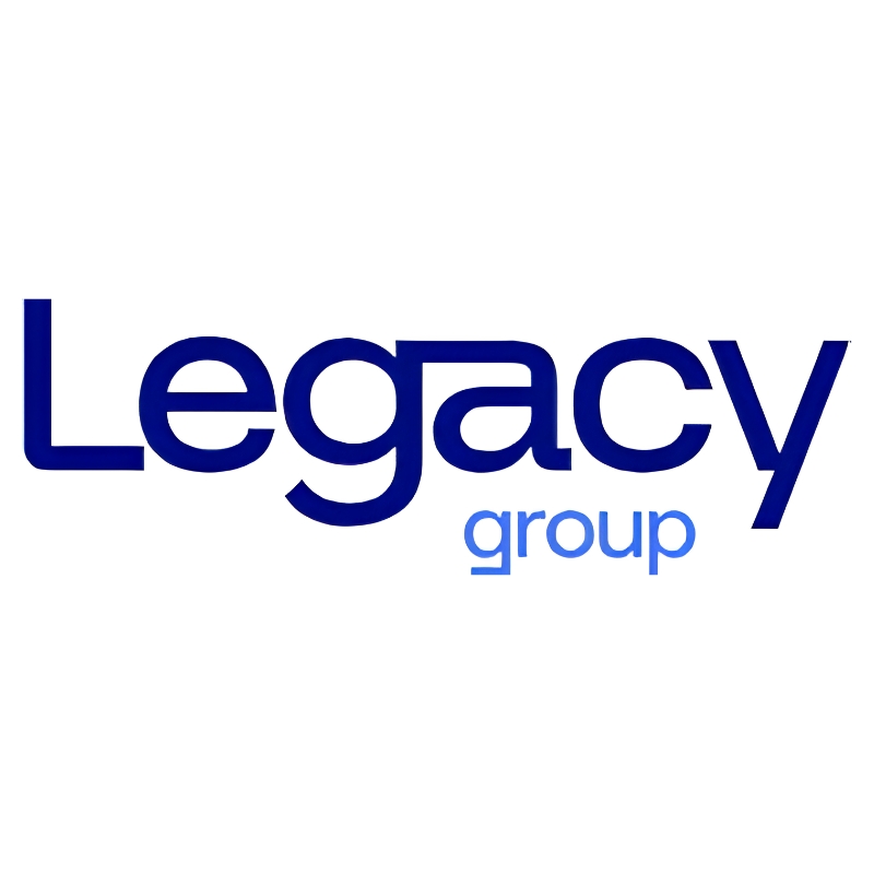 Legacy Group corporate typography logo featuring the word Legacy in dark blue text and group in a lighter sky blue font on a solid white background.a