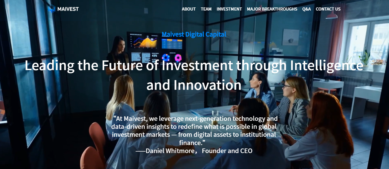 Screenshot of Maivest Digital Capital website homepage showing a corporate meeting room background with the headline 'Leading the Future of Investment through Intelligence and Innovation' and a quote by Founder and CEO Daniel Whitmore.