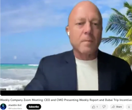 Aladdin Bot CEO Mark Davis during a weekly company Zoom meeting discussing Dubai trip incentives and project reports.