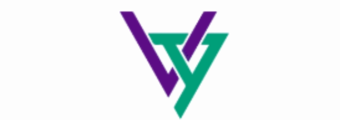 Abstract purple and teal interlocking geometric lines forming a minimalist letter V logo on a clean white background.