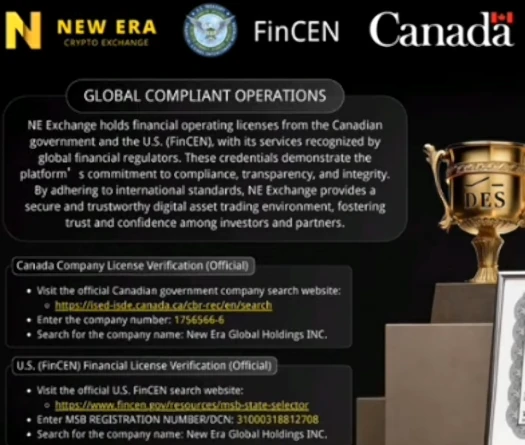 Promotional image claiming New Era Crypto Exchange compliance with FinCEN and Canadian licensing authorities