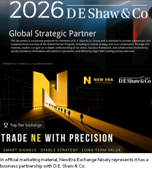Promotional graphic showing alleged partnership between New Era Crypto Exchange and D.E. Shaw & Co