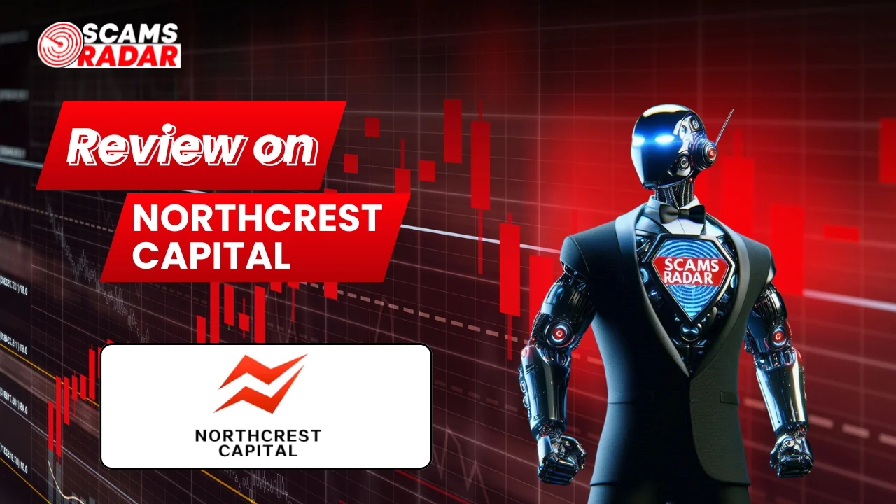 Northcrest Capital review thumbnail by Scams Radar featuring a robotic figure with a stock market chart background and logo.