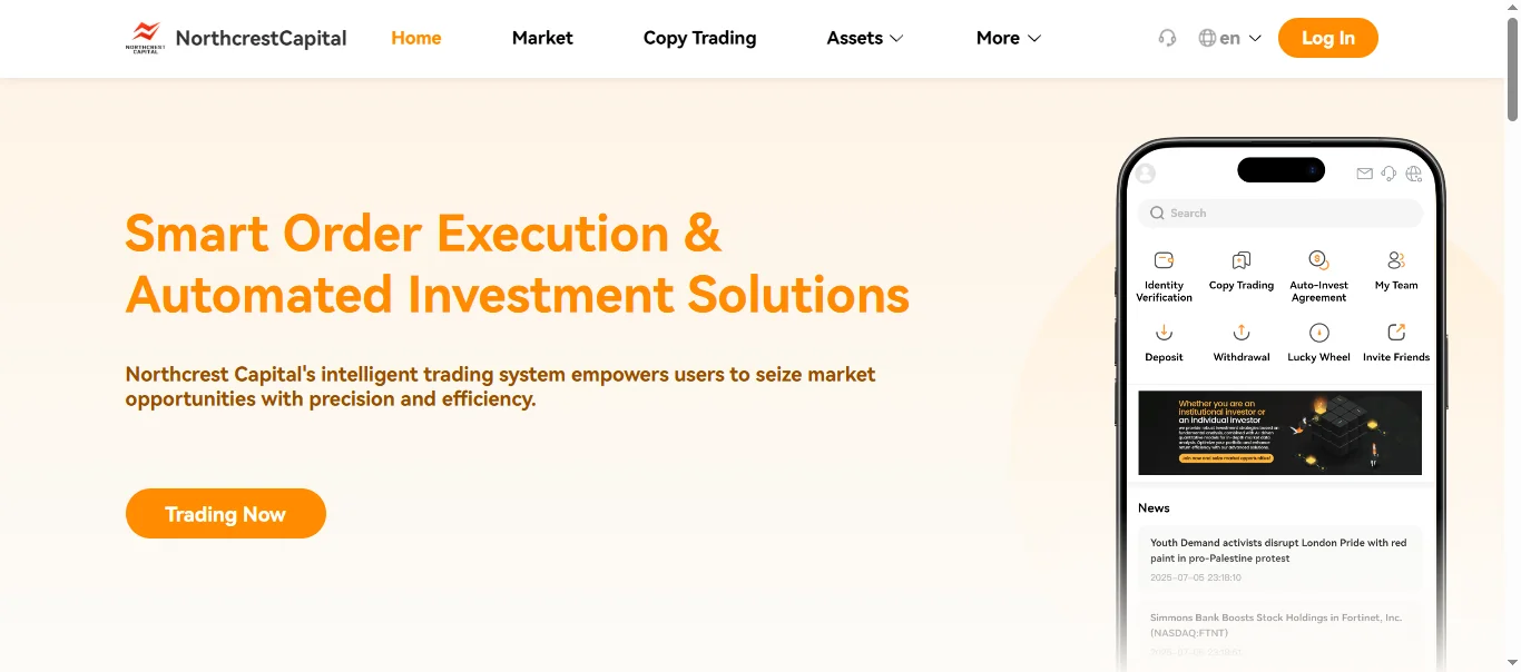 Northcrest Capital homepage with smart order execution and automated investment solutions, featuring a mobile app interface.