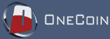 Logo of OneCoin cryptocurrency on a blue background, analyzed in a review highlighting the multi-level marketing (MLM) structure and digital investment scheme.