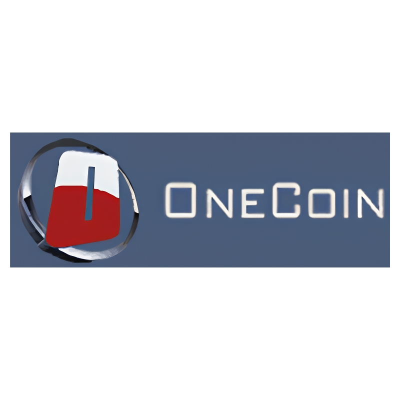 Logo of OneCoin cryptocurrency on a blue background, analyzed in a review highlighting the multi-level marketing (MLM) structure and digital investment scheme.