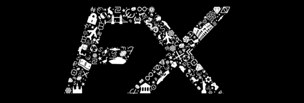 A creative "FX" typographic logo made of various global financial, travel, and technology icons on a black background, representing a multi-asset trading platform.