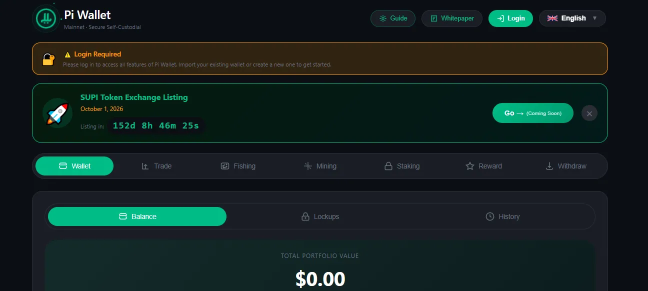 Pi Wallet Review image showing the wallet dashboard interface with login required, exchange listing, balance, staking, reward, and withdraw options.