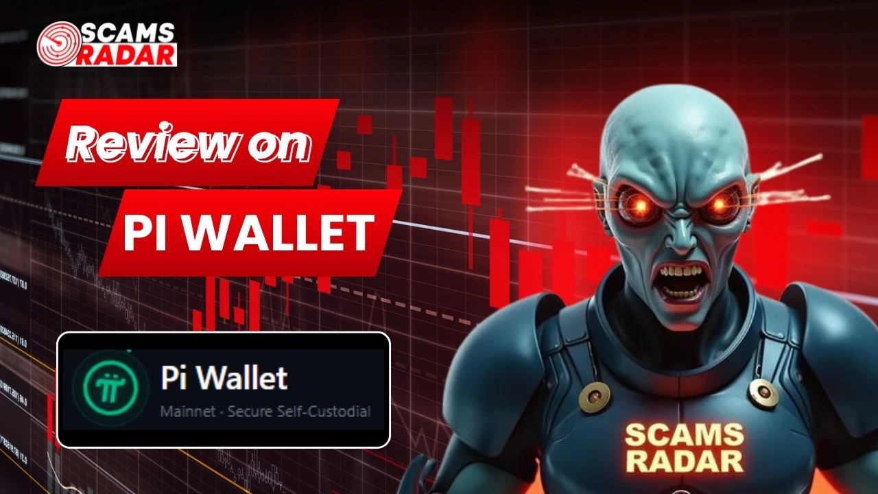 Pi Wallet Review thumbnail by Scams Radar showing Pi Wallet warning graphic with red crypto chart background.