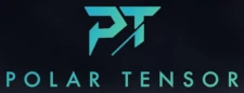 Polar Tensor modern futuristic logo featuring stylized cyan and green gradient PT monogram icon on a dark background.