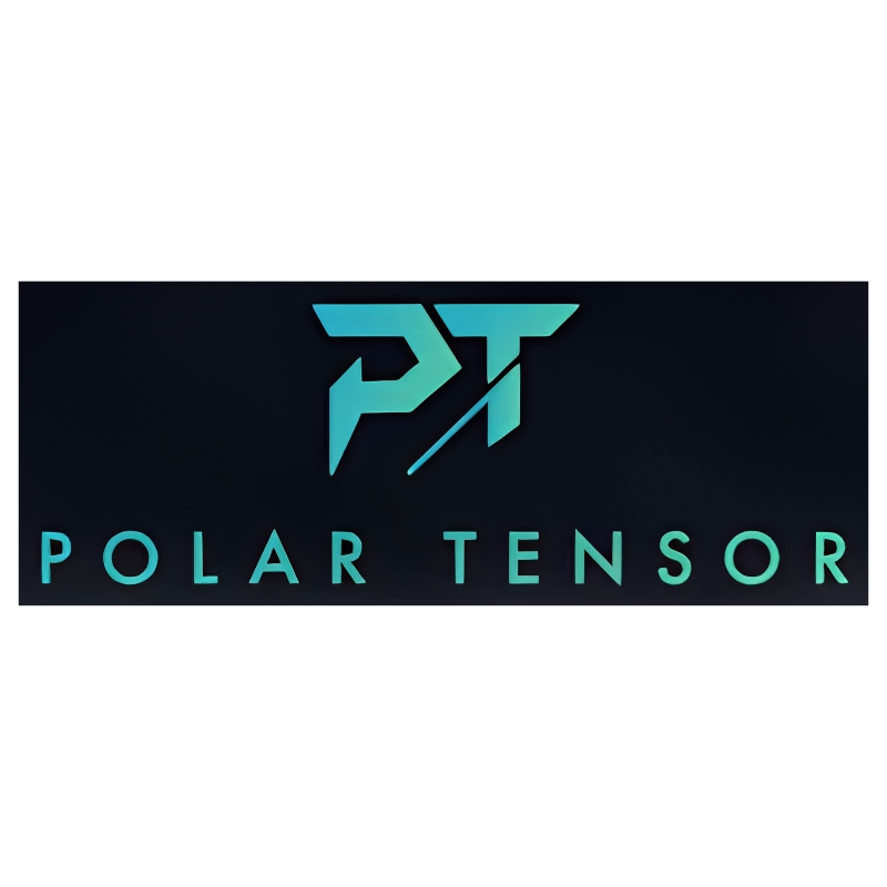 Polar Tensor modern futuristic logo featuring stylized cyan and green gradient PT monogram icon on a dark background.