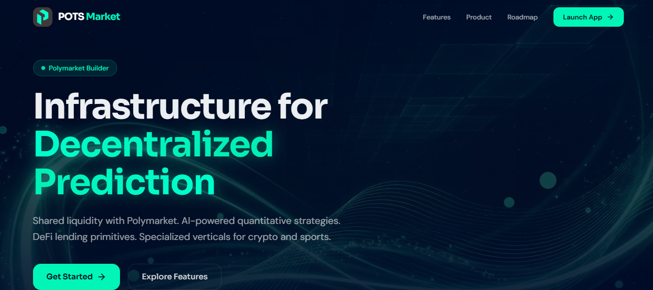 Pots Market website dashboard showing decentralized prediction infrastructure, DeFi lending, and AI-powered quantitative strategies.