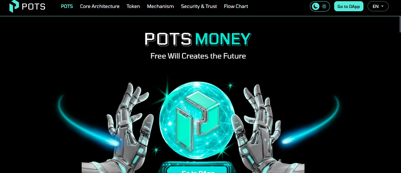 POTS Money Review website screenshot showing the POTS Money homepage with robotic hands and crypto-style visuals.