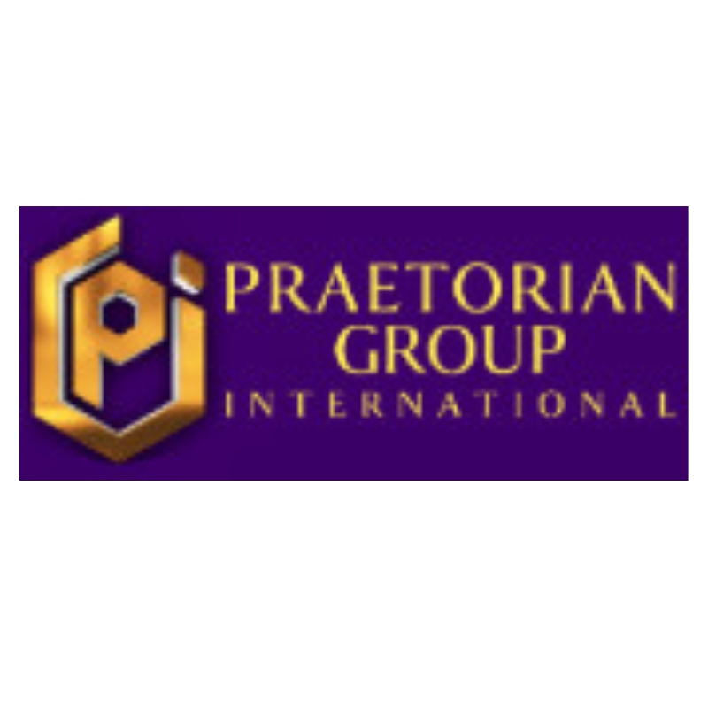 Praetorian Group International golden hexagonal logo on a purple background representing corporate identity and investment services.