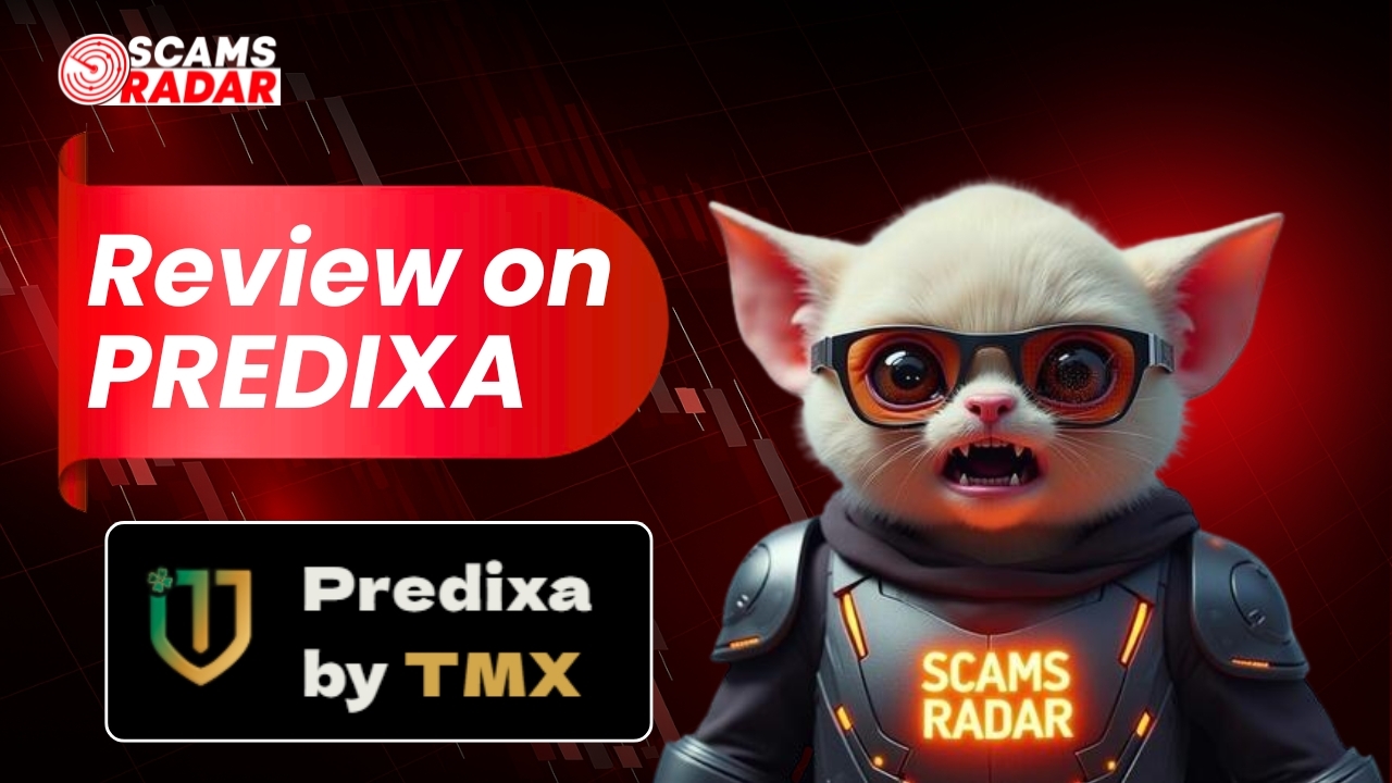 Review on Predixa by TMX scam warning thumbnail by Scams Radar, featuring a futuristic white cat mascot in sci-fi armor against a red stock market chart background.
