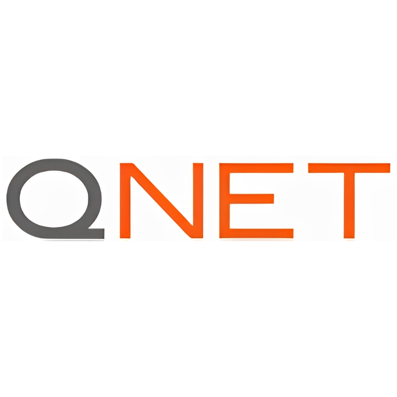 QNET logo in modern design with gray Q and orange NET text