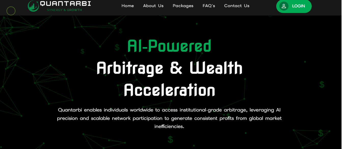 Quantarbi website homepage displaying "AI-Powered Arbitrage & Wealth Acceleration" text with a professional login button and financial network graphics.