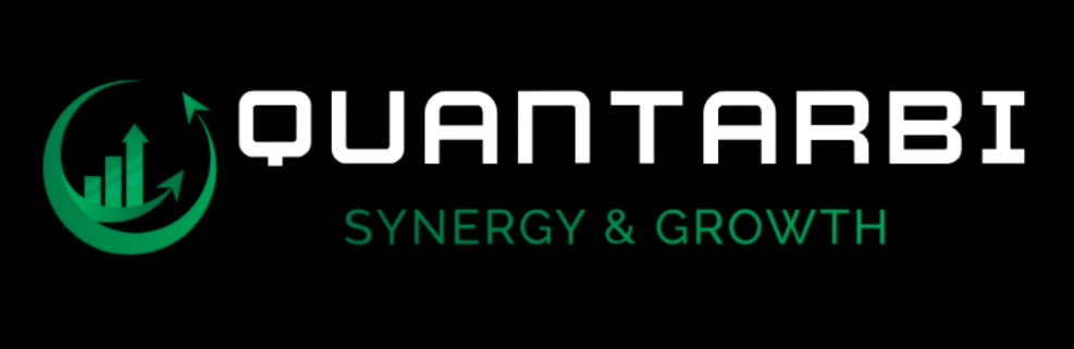 Quantarbi logo featuring a green circular arrow icon with rising bar charts and "Synergy & Growth" slogan on a black background.