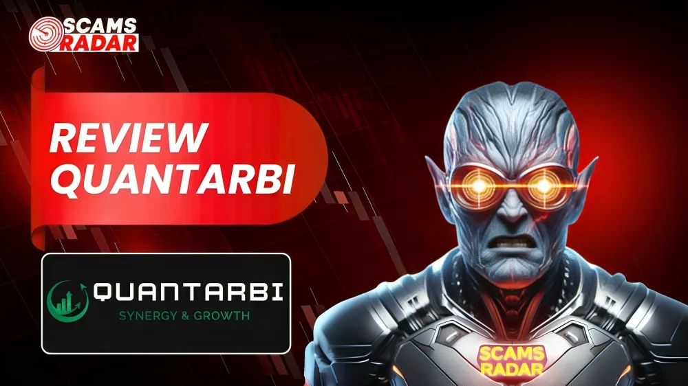 Quantarbi (Synergy & Growth) review thumbnail featuring a metallic character with glowing eyes, trading charts, and Scams Radar branding.
