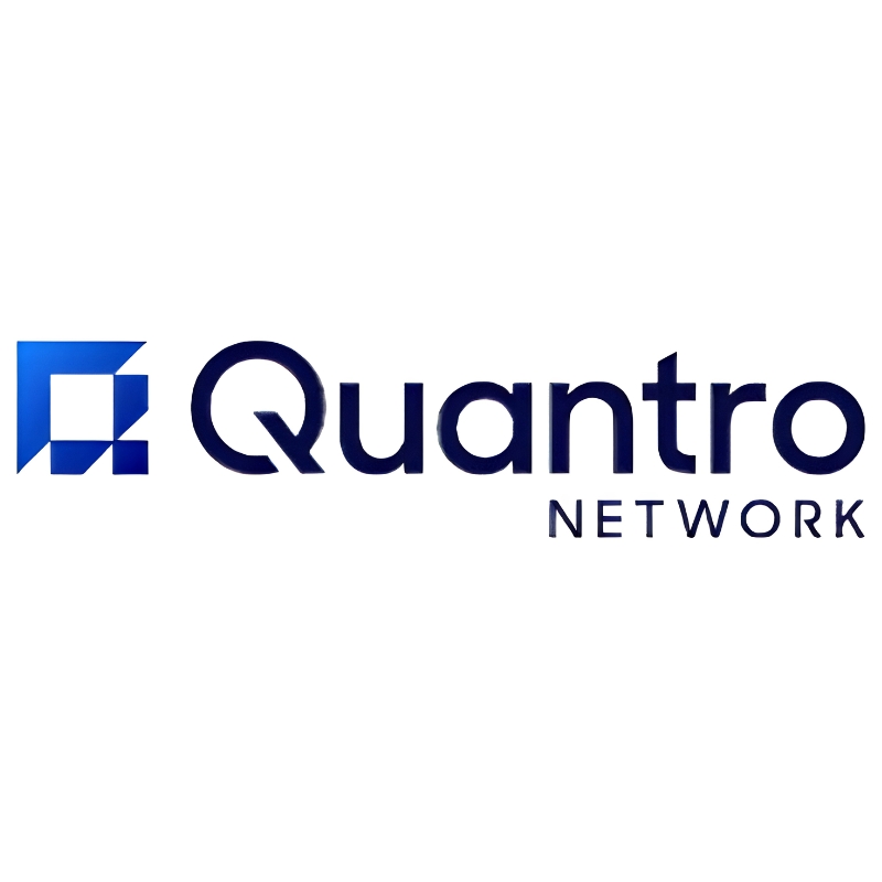 Official blue logo of Quantro Network, displaying the geometric icon and brand name text for an investigative review of the platform.