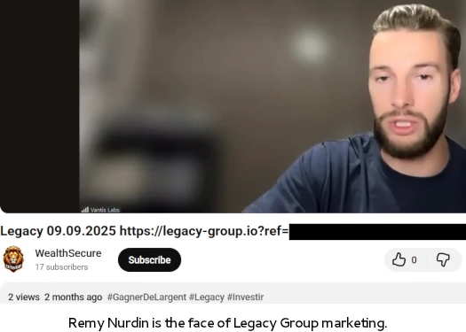 Screenshot of a YouTube video by WealthSecure showing Remy Nurdin, the face of Legacy Group marketing, presenting during a video call with a legacy-group referral link in the description.