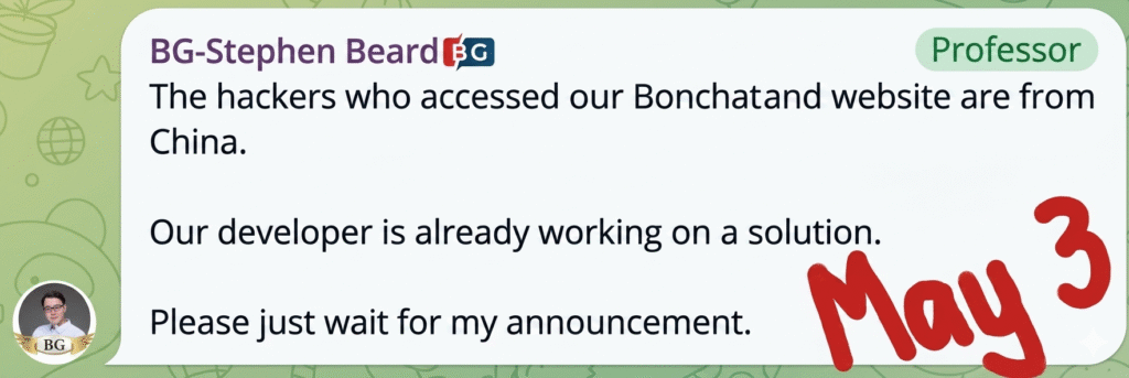 Official update from Professor Stephen Beard regarding Bonchat website security and developer solutions, dated May 3.